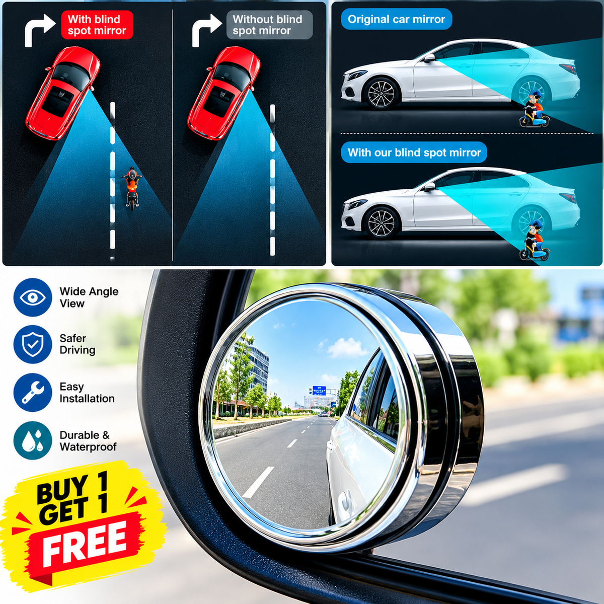 360° Adjustable Blind Spot Car Mirrors 🚗 | Drive Safer, See More! | Buy 1 Get 1 FREE (2 Pairs)